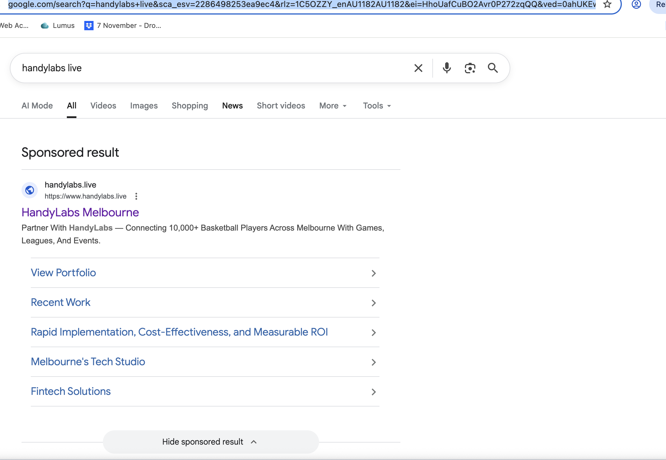 Google sponsored listing for HandyLabs desktop